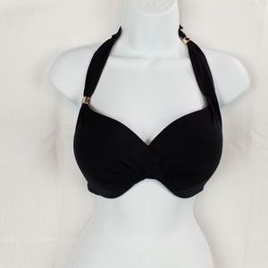 Victoria Secret Solid Black Underwire Halter Bikini Top with Gold Hardware